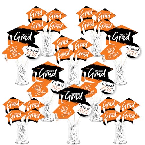 Big Dot of Happiness 2025 Orange Graduation Party Centerpiece Sticks - Showstopper Table Toppers - 35 Pieces
