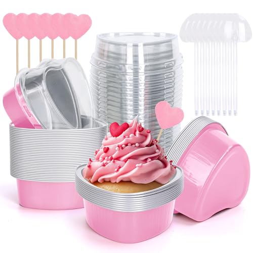 Recopilación de Moldes con formas al mejor precio. 46 FYSUIMU - 100 moldes para tartas con forma de corazón para el día de San Valentín, color rosa, mini tazas desechables de papel de aluminio con tapas, cucharas, decoración para...