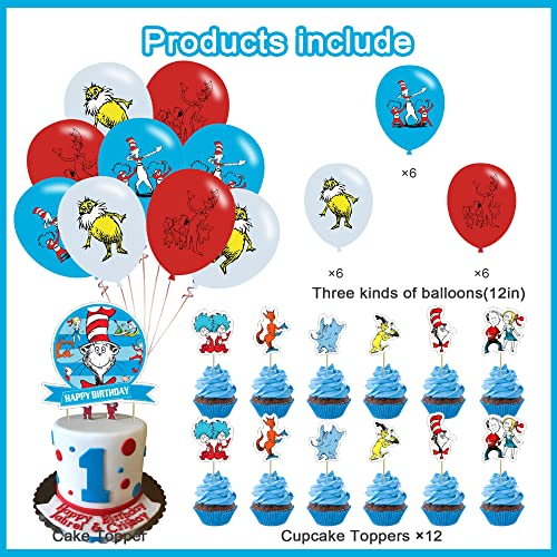 Doctor Birthday Party Seuss Decorations, Thing 1 And Thing 2 Party Supplies Set With Happy Birthday Banner, Cake Topper, Cupcake Toppers, Balloons For Cat In The Hat Party Decorations #TOP2