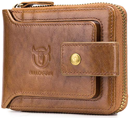 BULLCAPTAIN Genuine Leather Men Wallet with ID Window RFID Blocking Zipper Bifold Wallets Multi Card Holder Zip Coin Purse (Yellowish brown)