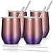 Insulated Wine Tumbler with Lid, Deedro 12 oz Double Wall Vacuum Insulated Wine Cup with Straws and Brushes, Stemless Stainless Steel Wine Glass for Drinks, 4 Pieces (Glitter Rose Gold and Purple)