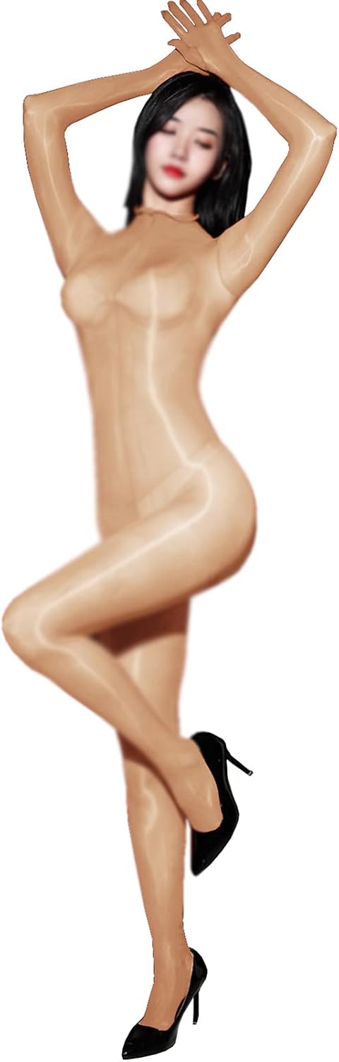 leesuo Women Men 8D Ultrathin Oil Shiny Glossy Full Bodystocking Silky High Collar Bodysuit Catsuit with 5 Finger Gloves