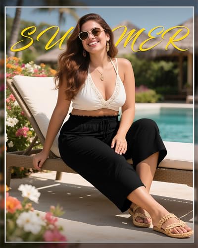 Neer 3 Pack Women's Plus Size Capris High Waisted Drawstring Wide Leg Cropped Sweatpants Lounge Yoga Pants with Pockets2