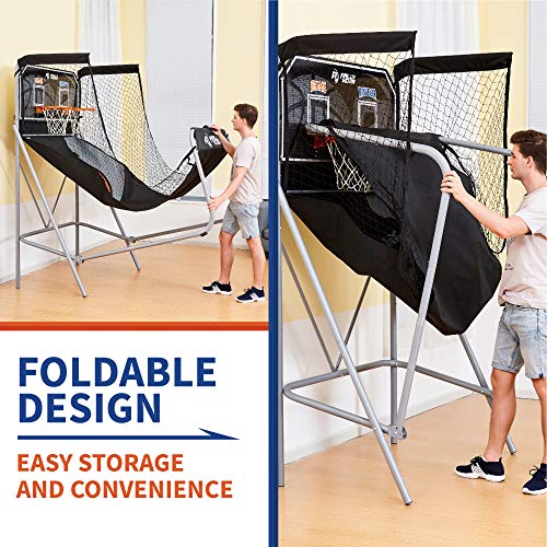 Rally and Roar Classic Folding Indoor Arcade Basketball Game, 2 Hoops, LED Scoreboard, 7 Balls, Pump