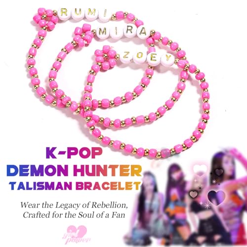 AICase for Kpop Demon Hunters Merch Rumi Zoey Mira Inspired Bracelets 3 Pcs Stackable Stretch Friendship Beaded Bracelets for Huntrix k pop Unique Merchandise Jewelry Gifts for Fans Women Men_Pink3