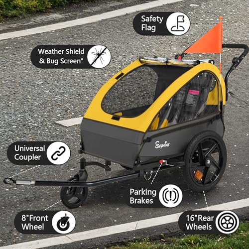 Image of Sepnine Kids Bike Trailer, 2 in1 Canopy Carrier Converts to Stroller Suitable for 1 to 2 Kids, 12+ Months, Quick Attach to Bike, Foldable, with 5-Point Harness and Storage Bags