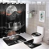 TOWINSFB 4Pcs Mystical Mountain Woodland Shower Curtain Sets Bathroom Decor, Retro Forest Moon Star Waterfall Shower Curtain with Non Slip Rug, Toilet Lid Cover, Bath Mat and 12 Hooks 72W x 72L