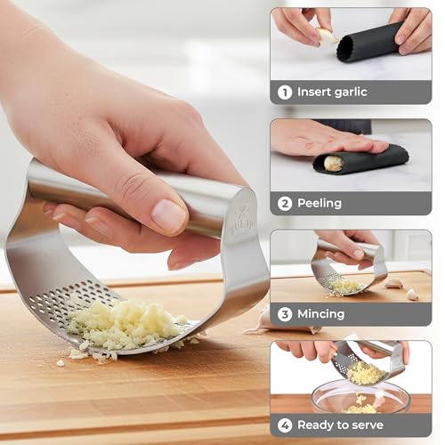 Image of Zulay Kitchen Stainless Steel Garlic Press Rocker Set - Time Saving, Durable Strong Garlic Mincer Tool - Easy to Use & Clean Garlic Crusher Set with Peeler and Scraper Kitchen Gadget Smasher