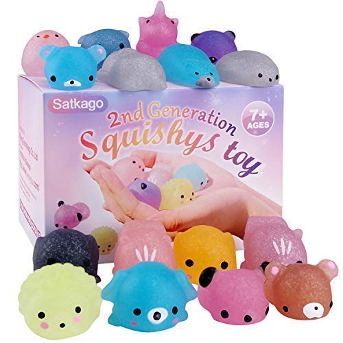Satkago Glitter Mochi Squishies Toy, 16 Pcs Mini Kawaii Animals Squishys Toy Treats Party Favors for Kids