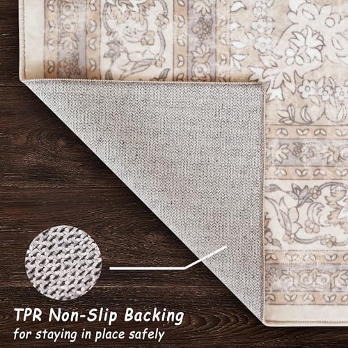 vivorug 3x5 Rug, Small Neutral Area Rug for Living Room, Bedroom, Kitchen, Machine Washable Non-Slip Throw Rug, Vintage Floral Carpet for Entryway Nursery Coffee Table - Durable (Beige)