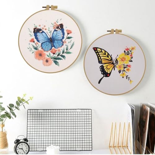 Image of Esffaci Embroidery Starter Kit for Adult Beginner with Butterfly Flower Pattern Hand Embroidery Set with Cloth Hoop Needle Threader Floss and Instruction