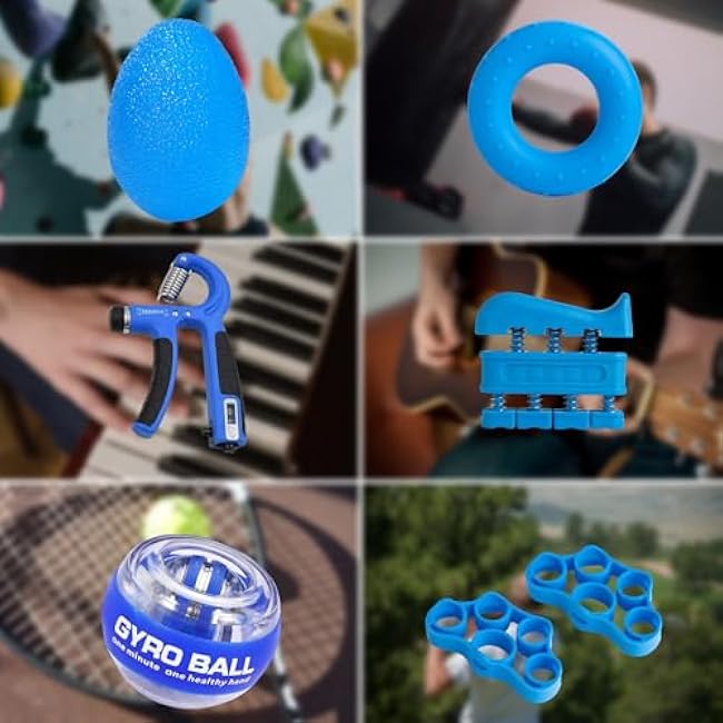 Hand Grip Strengthener Workout Kit (8 Pack) Forearm Grip Adjustable Resistance Hand Gripper, Finger Stretcher, Finger Exerciser, Grip Ring£¬Gyro Ball (blue)