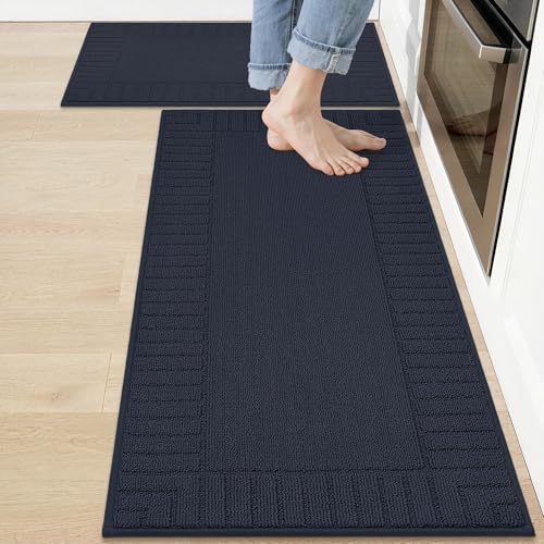 BEQHAUSE Kitchen-Rugs-Washable-Kitchen-Mats-for-Floor Non-Slip Kitchen Mats Set of 2 Absorbent Kitchen Runner Navy Blue with TPR Backing 20x30inch/20x48inch
