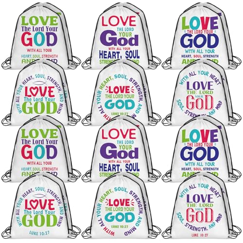 Bulyoou 24 Pcs Christian Bags Religious Drawstring Bags Love Your God Vbs Drawstring Backpacks Bulk Large Religious Gifts for Sunday School Church Graduation Themed Party Favors