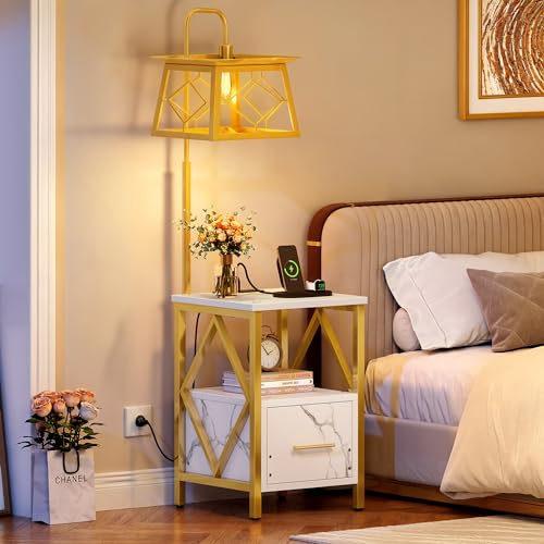 DWVO Floor Lamp with Table, Side Table Lamp with Outlets and USB Ports, 3-Color Temperature Table Lamps for Living Room, Bedroom, Modern Floor Lamp with Shelves, White & Gold