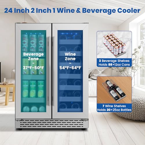 Image of 24 Inch Wine and Beverage Refrigerator, Dual Zone Wine Cooler Refrigerator- 20 Bottles & 88 Cans with Stainless Steel Racks, Under Counter /Freestanding Beverage Fridge for Drink /Beer /Wine