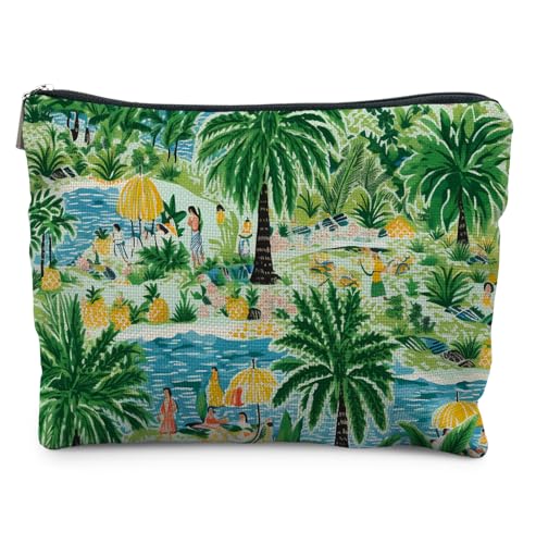 Elpwk Hawaiian Palm Leaf Makeup Bag for Women, Tropical Vacation for Women Cosmetic Bags,Gifts for For Mom Friends Teen Girl & Women Travel, Green Tropical Plants Zipper Makeup Pouch for Purse