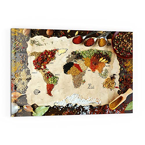 DEQORI Küchenrückwand Glas | Motiv Weltkarte aus Gewürzen | 60x40 cm | Bad- oder Herd-Rückwand | Herdblende Spritzschutz für Küche & Badezimmer | moderne Deko für Fliesenspiegel