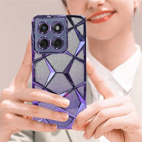 Image of VONZEE Gradient Glitter Case for Moto Edge 60 Fusion, Luxury Electroplated 3D Cube, Diamond Bling Shiny Soft TPU Clear Shockproof Protective Phone Cover for Girls Women (Deep Purple)