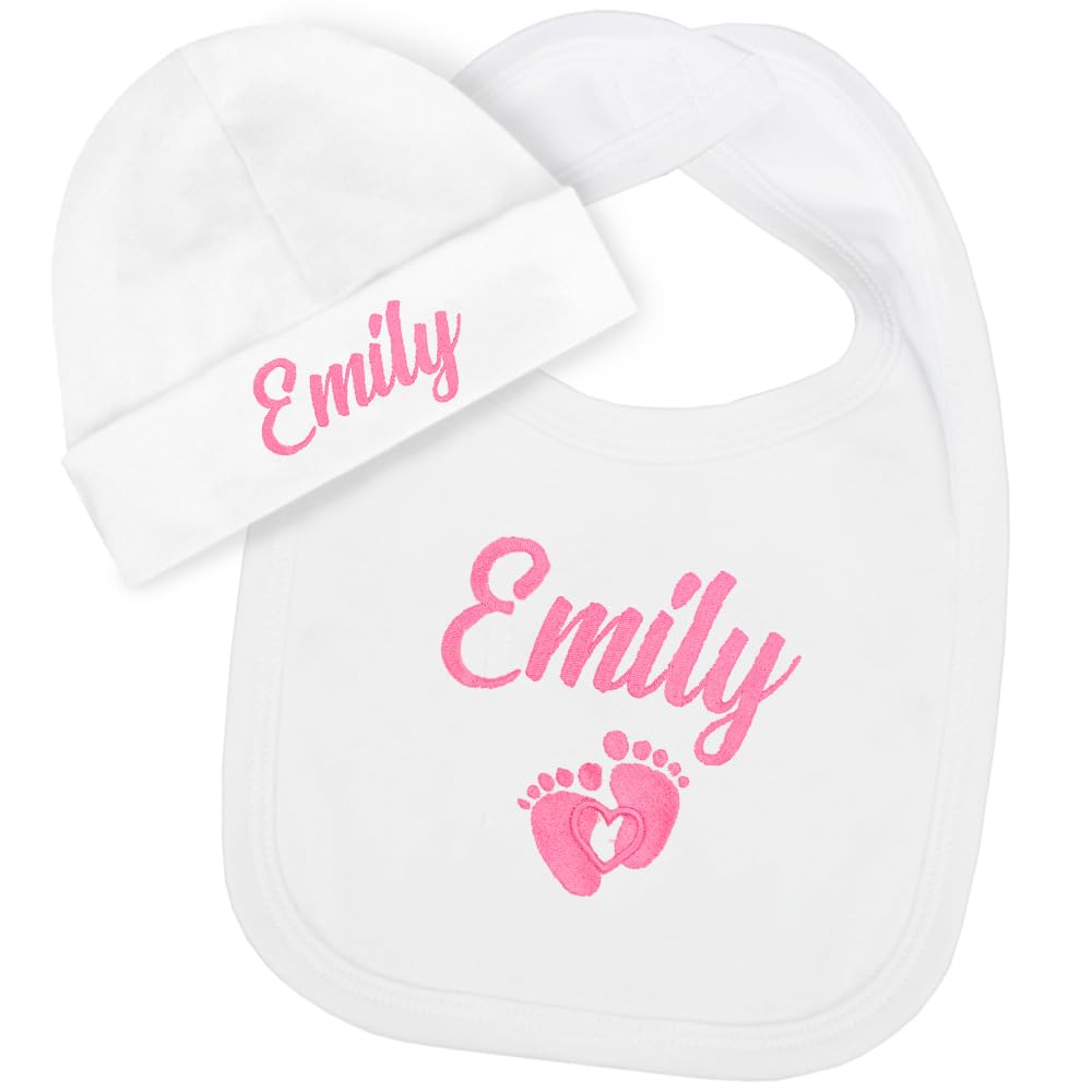 TeddyT's Personalised Baby Footprint Feeding Bib & Baby Hat Set (Pink, 6-12 Months)