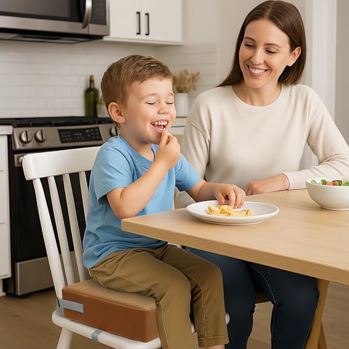 Image of Eiury Booster Seat for Kitchen Chair, Toddler Booster Seat for Dining Table, Waterproof PU Leather Kids Seat Cushion with Adjustable Straps, Non-Slip Bottom, Wipeable Seat Pad,Brown