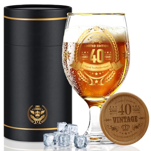 Image of Fabuloustrim 40th Birthday Gifts for Men,Vintage Beer Glass with Wooden Coaster – Aged to Perfection 40th Beer Glass,Gift for Dad,Husband,Friend – Christmas,Father’s Day,Retirement Present
