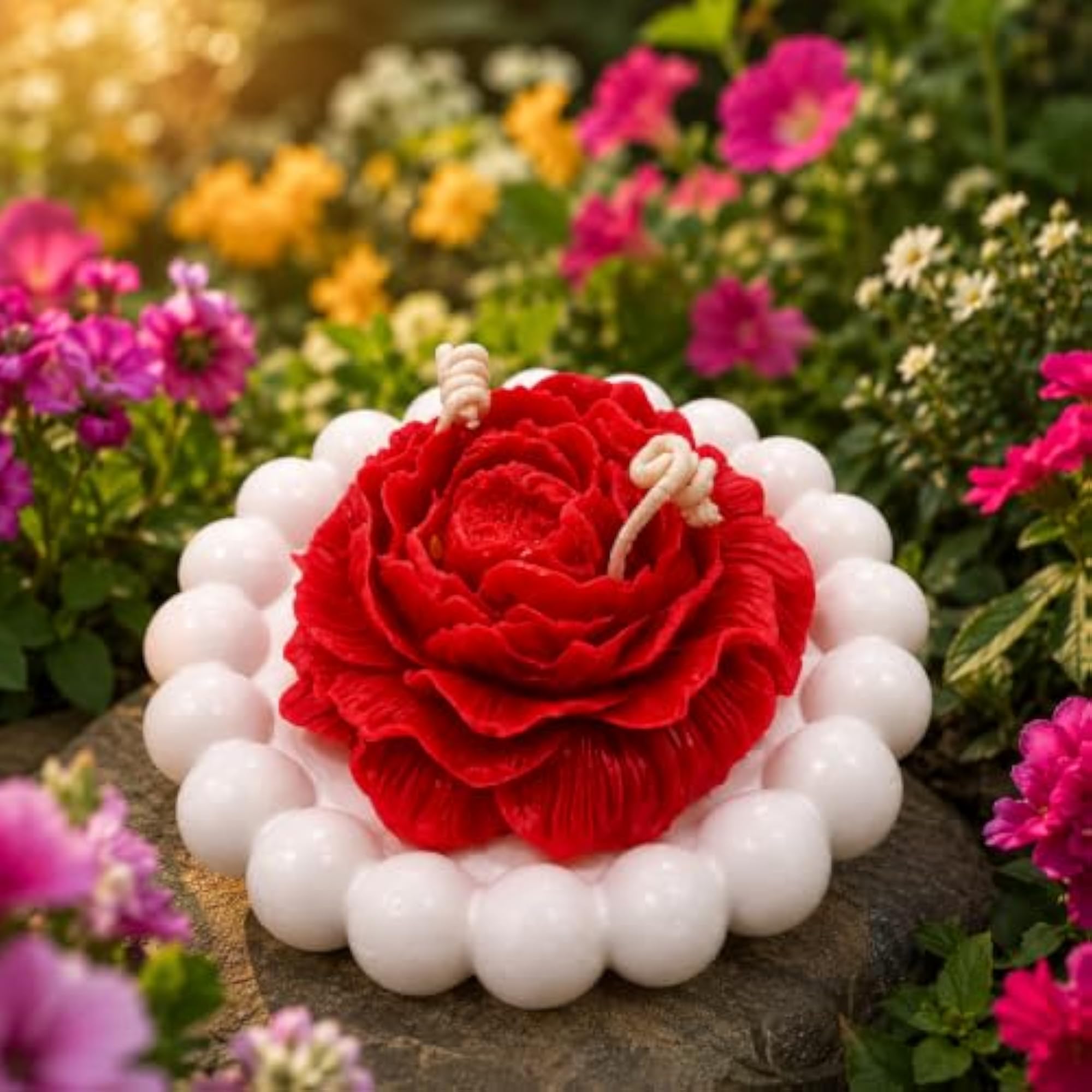 Rose Blossom Candle with Pearl Border, Handcrafted