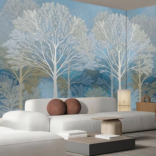 Agrandir un salon sombre grâce au papier peint panoramique forêt bleu ciel