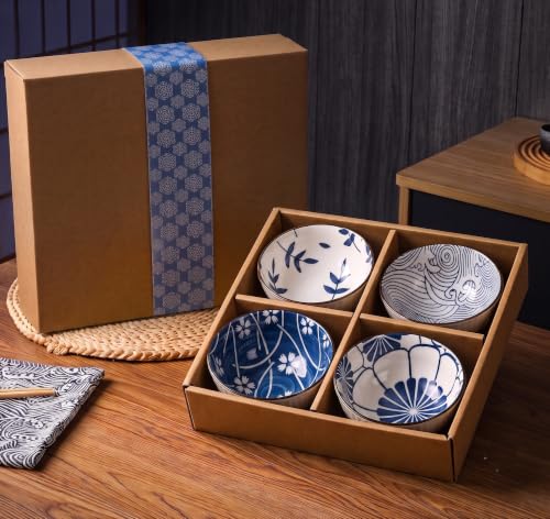 Image of Premium Ceramic Bowl Japanese Style Porcelain Rice, Soup & Dessert Bowls - Assorted Floral & Wave Patterns - Microwave & Dishwasher Safe - Gift Box Packaging(Blue & White Printed, Pack of 4)