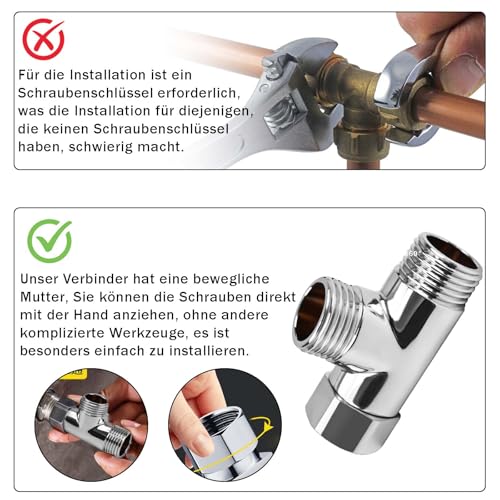 CONJURAIDE T Stück 1/2 Zoll, Messing T Stück Wasseranschluss Verteiler mit 6 Unterlegscheiben 3-Wege-T-Form-Adapter Duschschlauch Adapter für Trinkwasser Wasserhahn(Ø 20mm)