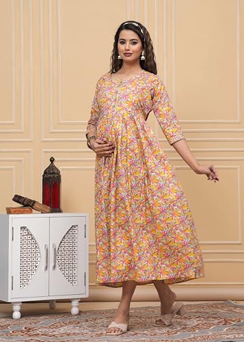 Image of JAIPURFAME Stylish Women's Pure Cotton All Over Printed Kurti Gown, Maternity Dress, and Feeding Dress - Comfortable and Elegant Maternity Wear for Women Multicolour
