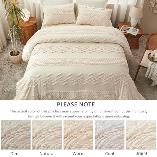 Image of Luxudecor Beige Tufted Comforter Set Full Size 3 Pieces Boho Shabby Chic Comforter Farmhouse Embroidery Bedding Set Soft Comforter for All Seasons (Beige, 80''x90'')