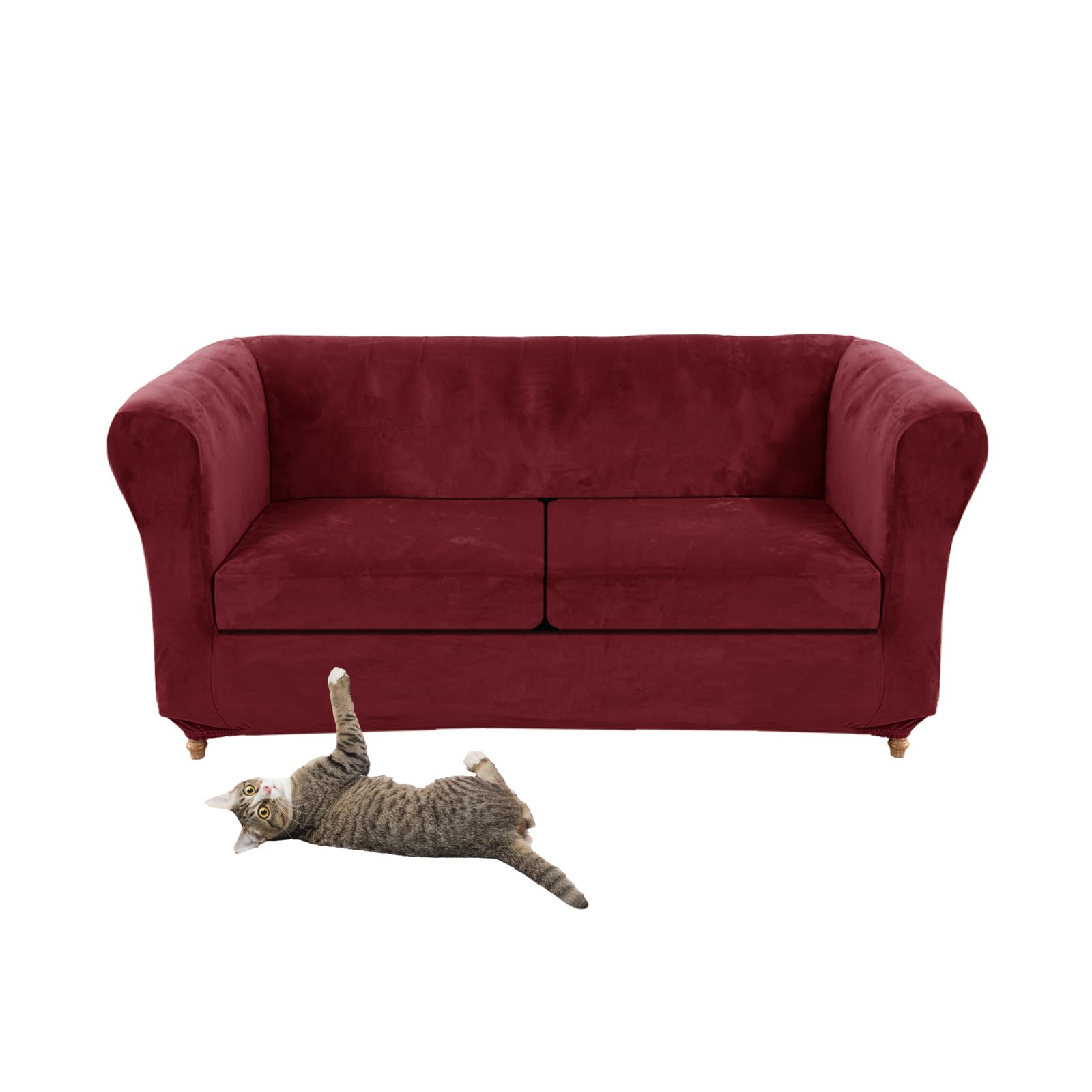 SYLC Stretch Velvet Chesterfield Sofa Cover, Couch Cover with Seat Cushion Cover for Curved Settee Armchair Vintage Style (Wine red,Love+2 Large Seats)
