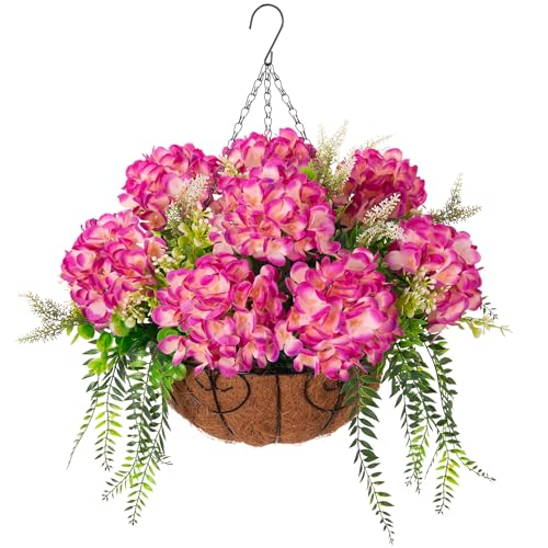 Ammyoo Artificial Hydrangea Flowers with Hanging Basket Planter for Spring Decoration, Fake Silk Flowers Outdoor Arrangements, Faux Hanging Plants for Garden Balcony Outside Decor (Fuchsia)