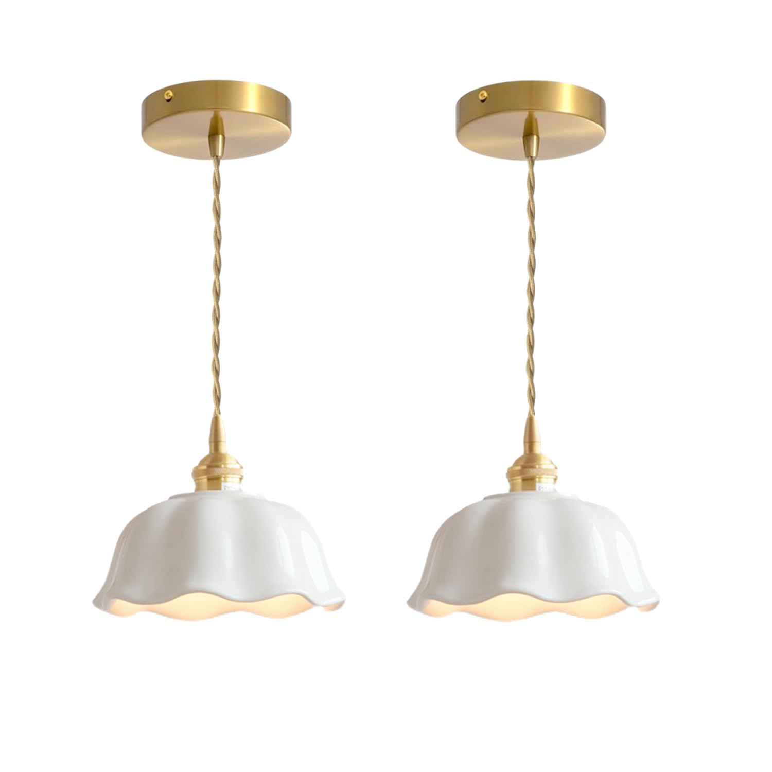 Lámpara Colgante de Cerámica Blanca,Luz Colgante de Techo de Latón E27 Industrial Vintage,Lámpara de Araña para Salón Cocina Pasillo Comedor(2 Pack)