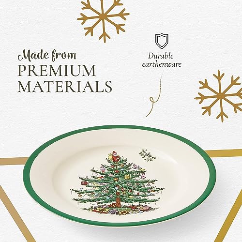 Spode Christmas Tree 8" Salad Plate Set of 4- Festive Holiday Stoneware Plate with Christmas Tree Design, Green Bordered Edges, Microwave, Dishwasher, Freezer, Oven Safe