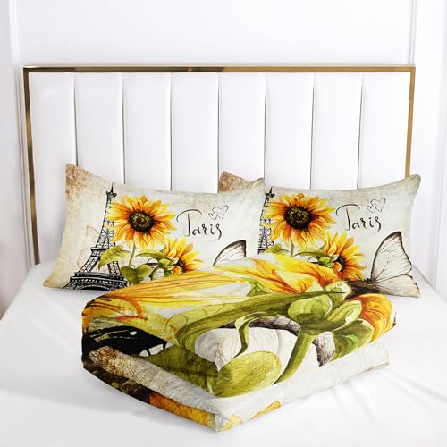 Image of AILONEN Sunflower Comforter Set Full Size,Sunflowers Butterfly Bedding Set,Paris Eiffel Tower Retro Comforter Sets, 1 Quilt and 2 Pillowcases