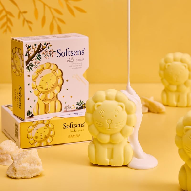 Image of Softsens Kids Soap Samba 75g each ( Pack of 4 x 75g) | Gentle Nourishing Care with Shea Butter & Natural Milk Cream, Dermatologist Tested Baby Soap, Moisturizing Animal Shape Bar Soap For Toddlers & Kids 2-10 Years
