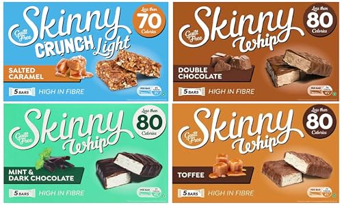Skinny Whip Guilt Free Bars Bundle 4 Flavours; Mint & Dark Chocolate, Double Chocolate, Toffee, Salted Caramel Crunch. 5 Bars in Each Flavour 20 Bars in Total. Low Calories and High in Fibre