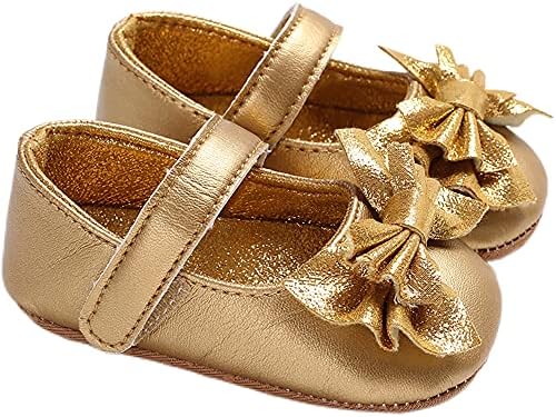 AMSDAMA Girl Baby Shoes Infant Soft and Light Cotton Sole PU Soft Leather with Bowknot Mary Jane Shoes Flats Toddler (Cotton Sole/Gold B175,0 Months)