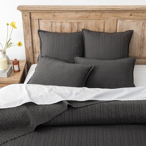 Image of Foindtower Set of 2 Decorative Cotton Waffle Weave Throw Pillow Covers Euro Shams Cushion Covers Accent European Pillowcase for Bed Couch Sofa Bedroom Living Room Home Decor 22x22 Inch Dark Grey