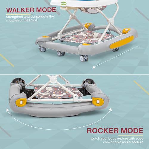 Image of Baybee 3 in 1 Staffy Baby Walker With Rocker & Push Handle - 3 Adjustable Heights, Mat & Musical Toy Bar for Kids 6-18 Months (Grey)