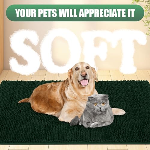 IM HOME Chenille Absorbent Outdoor Doormat 36" x 24", Washable Muddy Door Mats for Dog Non Slip Indoor Doormat Dog Mat for Muddy Paw Front Inside Doormats for Entryway Dark Green