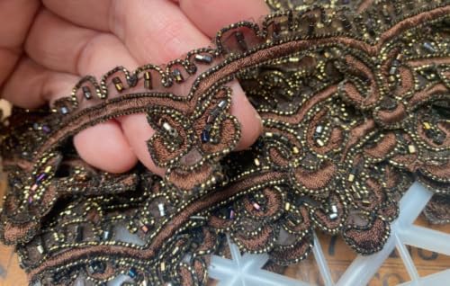 Embroidered Scallop Soutache Hand Sewn Trim 1.5" Glass Beads Brown Gold 1yd Fabric