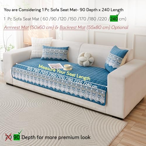 Image of HOKIPO 'BelleLace Series' Imperial Milk Velvet Sofa Cover Mat with Lace Design| Make Your Own Sofa Cover Set, Mat Length 90(D) x 240(L) cm, Celdaon Blue (AR-6312-BL)
