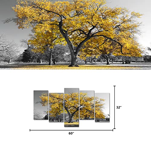 Visual Art Decor 5 Pieces Canvas Painting Prints Large Autumn Yellow Tree In Black And White Fall Landscape Home Office Wall Decoration Framed Wall Decor Artwork #TOP4