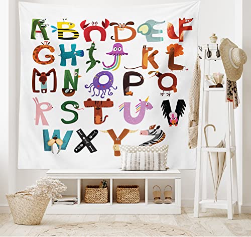 Lunarable Abc Tapestry, Funny Cartoon Alphabet With Fox Monkey Snake Animals Typography, Fabric Wall Hanging Decor For Bedroom Living Room Dorm, 30" X 45", Ruby Green #TOP1