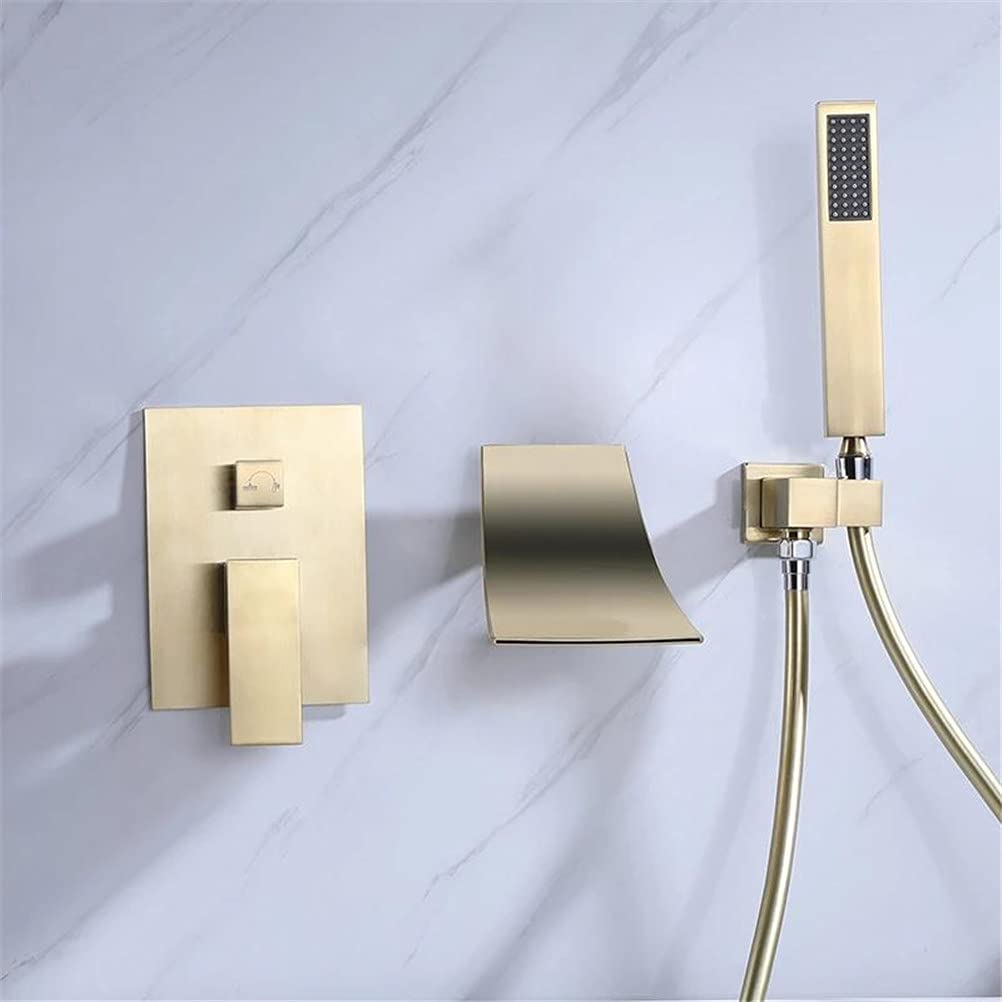 grifo de ducha, Juego de ducha monomando con caño cascada y manguera PVC(Brushed Gold)