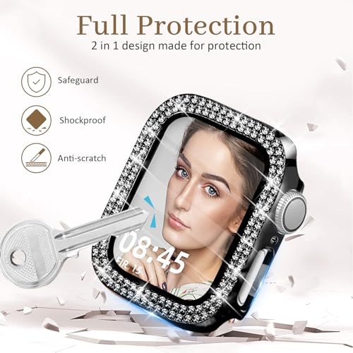 Newlibery Bling Watch Case with HD Screen Protector Women Compatible with Apple Watch 44mm Diamond Protective PC Face Cover Frame Protector for iWatch Series 6/5/4/SE/SE2/SE3 Black by Newlibery - Image 5