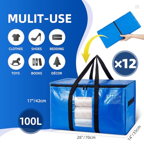 Image of TAILI Extra Large Moving Bags, 12 Pack Blue Heavy Duty Totes For Storage with Visible Window, Wrap Around Handles, Storage Bags for Space Saving, Alternative to Moving Boxes